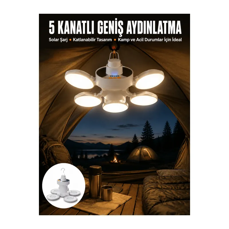 Kamp Lambası Işıldak Beyaz Işık Güneş Enerjili Solar Aydınlatma 5 Kanatlı Katlanabilir Yeni Nesil
