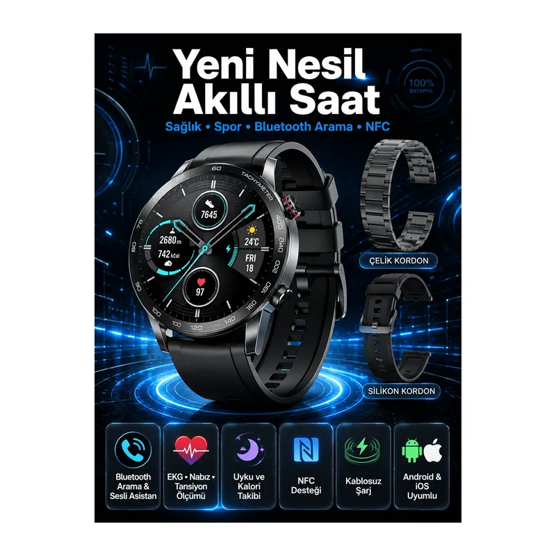 Suya Dayanıklı Dokunmatik Akıllı Saat Bluetooth 5.0, Sesli Asistan ve Sağlık Takibi