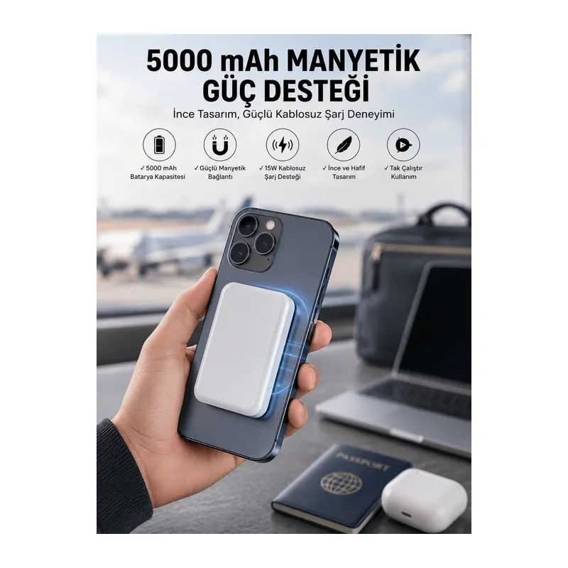 5000 Mah İOS Uyumlu Magsafe Kablosuz Şarj Hızlı Şarj Desteği