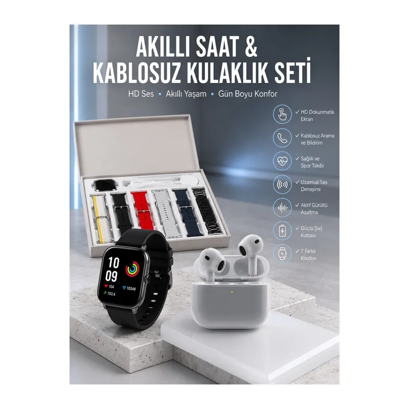 7 Kordonlu Akıllı Saat Ve 3.Nesil Kulaklık Dokunmatik Ekran Sesli Görüşme Yapabilen