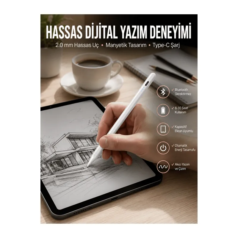 Dokunmatik Kalem Beyaz Şarjlı Yedek Uçlu Android ve İOS Uyumlu