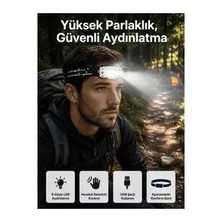 Yüksek Işıklı Şarjlı ve Sensörlü LED Kafa Lambası Kamp Lambası