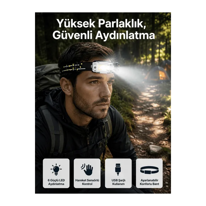 Yüksek Işıklı Şarjlı ve Sensörlü LED Kafa Lambası Kamp Lambası