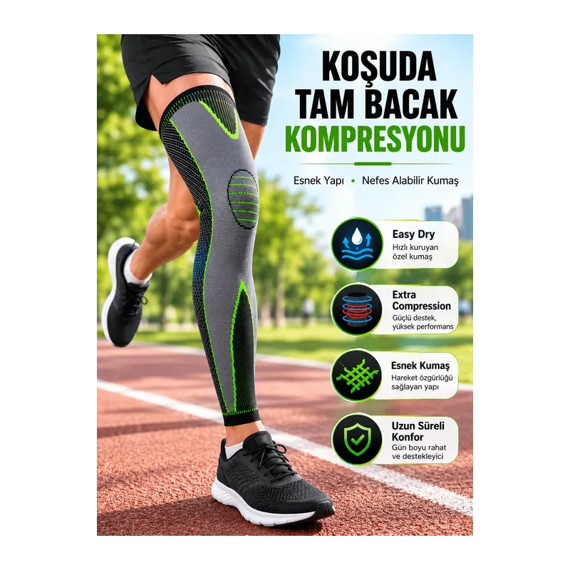 Ergonomik Uzun Spor Dizliği Esnek Kumaşlı Tam Boy Kompresyon Desteği