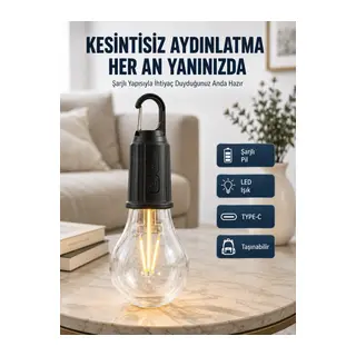 3 Farklı Mod LED'li Şarjlı Asma Kancalı Kamp Lambası Taşınabilir Ampul