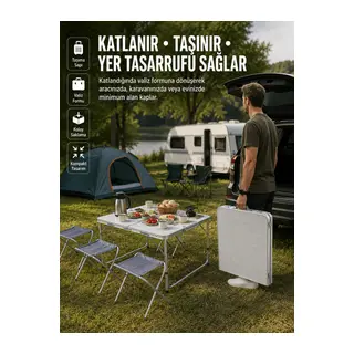 Ayarlanabilir Yükseklikli Kamp ve Piknik Masası 4 Kişilik Katlanabilir Masa Seti