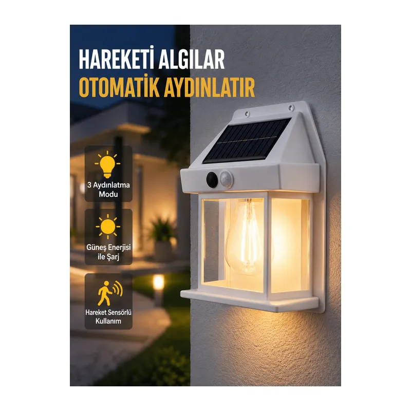 Üç Modlu Güneş Enerjili Duvar Lambası 1800mAh Bataryalı ve Hareket Sensörlü