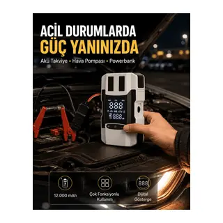 Dijital Ekranlı Araç Pompası Akü Takviye Powerbank 12.000 mAh Yeni Nesil