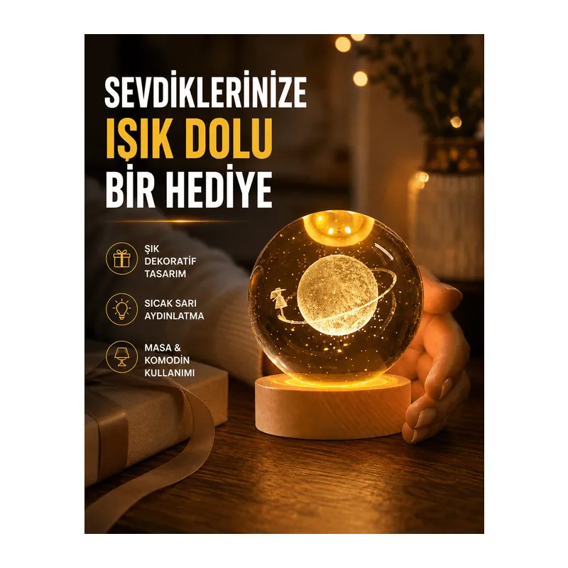 Ahşap Standlı Sarı Işıklı Dekoratif Küre Kız Figürü Tasarım