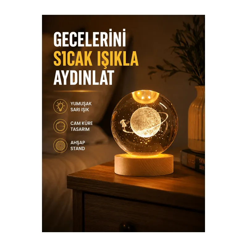 Ahşap Standlı Sarı Işıklı Dekoratif Küre Kız Figürü Tasarım