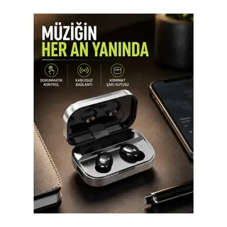 Gerçek Kablosuz Kulaklık – Bluetooth 5.0, Şarj Kutulu, Parmak İzi Kontrollü