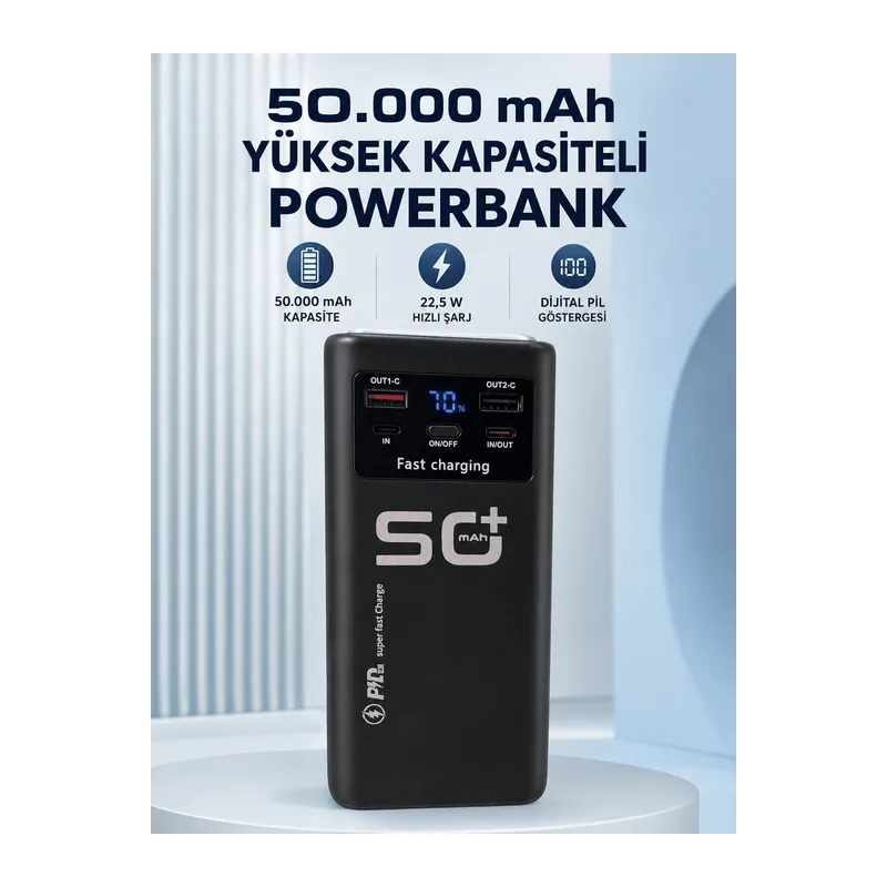 50.000 mAh Taşınabilir Powerbank 22,5 W Hızlı Şarj 4 Dahili Şarj Kablosu Dijital Ekran LED Aydınlatma ve Taşıma Sapı