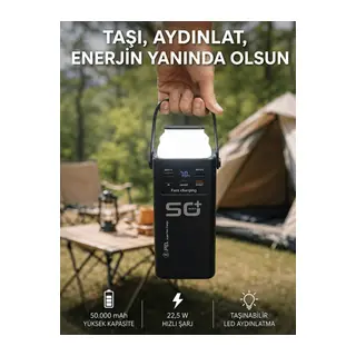 50.000 mAh Powerbank Hızlı Şarj 4 Dahili Kablolu Dijital Göstergeli LED Aydınlatmalı Taşınabilir Şarj Cihazı