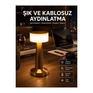 Altın Rengi Masa ve Gece Lambası Dokunmatik Şarjlı Masa Lambası