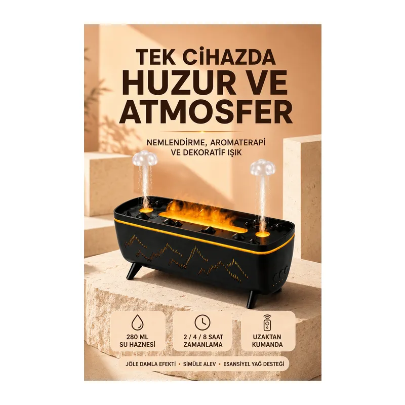 Jöle Yağmur Efektli Hava Nemlendirici 280 ML Aromaterapi Difüzörü Alev Efektli