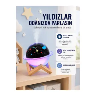 Projektör ışıklı ve aromaterapi destekli taşınabilir nemlendirici cihaz USB bağlantılı