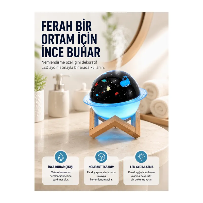 Projektör ışığı bulunan USB bağlantılı mini aromaterapi destekli hava nemlendirici