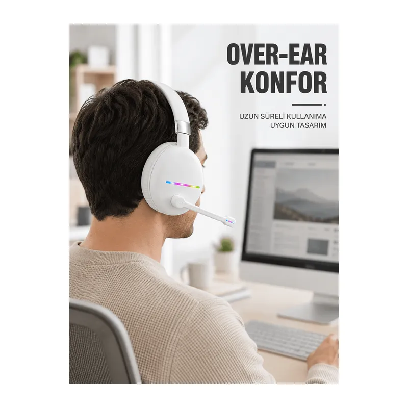 Beyaz Bluetooth 5.0 Mikrofonlu Kablosuz Kulak Üstü Kulaklık RGB Işıklı Type-C Şarjlı