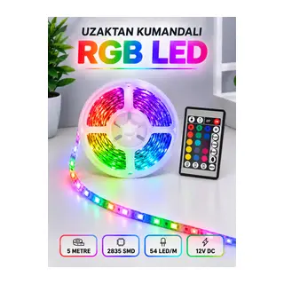 RGB Şerit LED 5 Metre 12V 2835 SMD Kumandalı Renkli Oda ve Ev Aydınlatması
