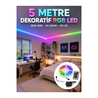 5 Metre RGB Şerit LED 2835 SMD 54 LED/M Uzaktan Kumandalı Dekoratif Aydınlatma