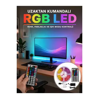 Uzaktan Kumandalı RGB Şerit LED 5 Metre 12V 5050 SMD Çok Renkli Dekoratif Işık Seti