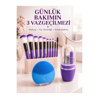 3’lü Güzellik ve Bakım Seti 12’li Mor Makyaj Fırçası Silikon Yüz Temizleme Cihazı ve Manikür Tırnak Bakım Seti