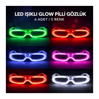 LED Işıklı Glow Pilli Parti Gözlüğü - Glow Efektli 6 Adet 5 Renk