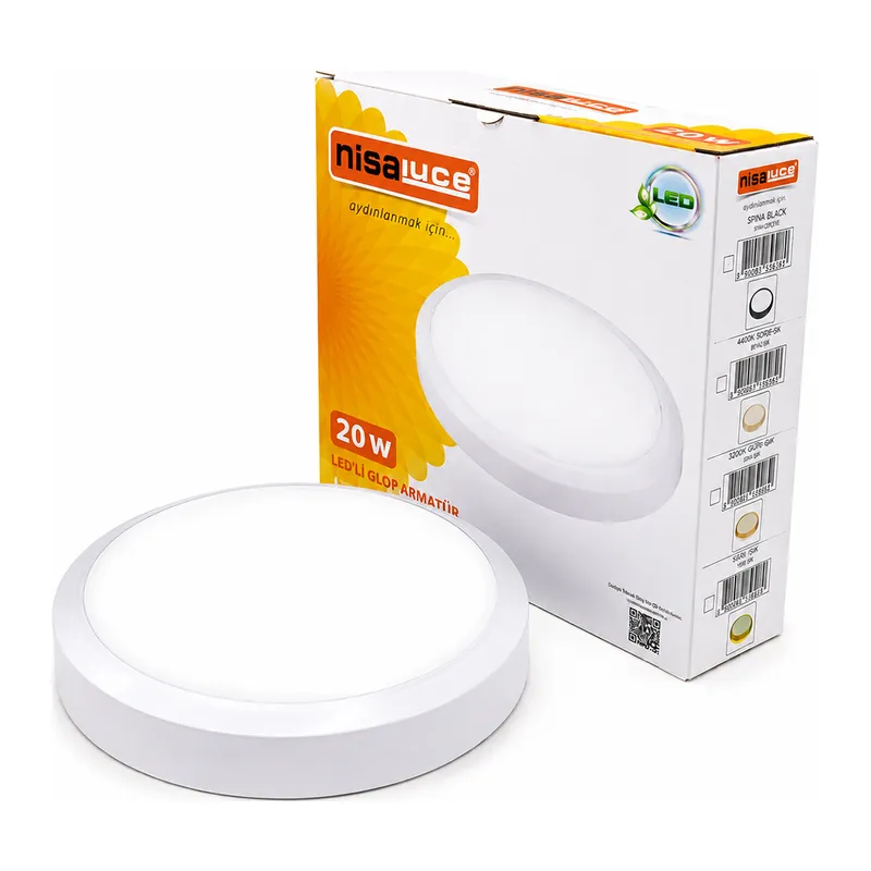 20W BEYAZ METAL KASA SIVA ÜSTÜ YUVARLAK LEDLİ GLOP ARMATÜR IP20 6500K - 1800Lm E1212/B