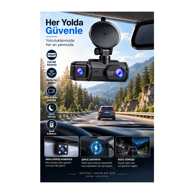 Ön Arka Kayıt 1080P Full HD 180° Geniş Açı Şarjlı Kullanım