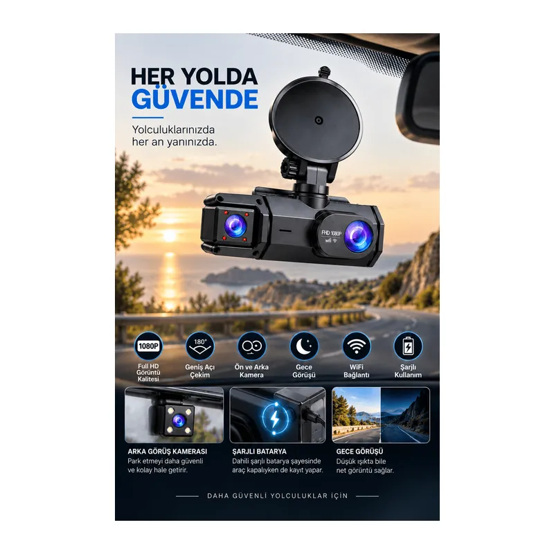 Ön Arka Kamera 1080P Full HD WiFi 180° Geniş Açı Şarjlı