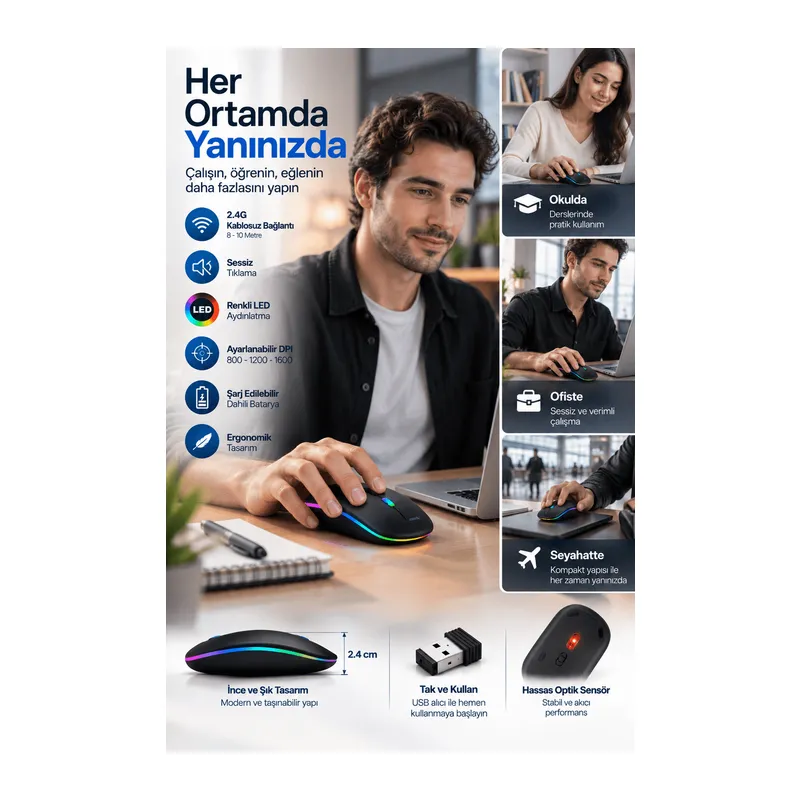 Ofis Ev Okul Kullanımına Uygun Şarjlı Kablosuz Mouse