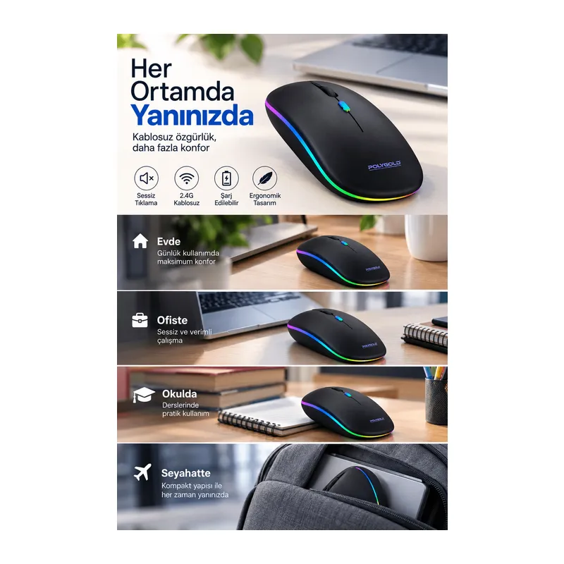 8 10 Metre Menzilli Şarj Edilebilir Kablosuz Mouse