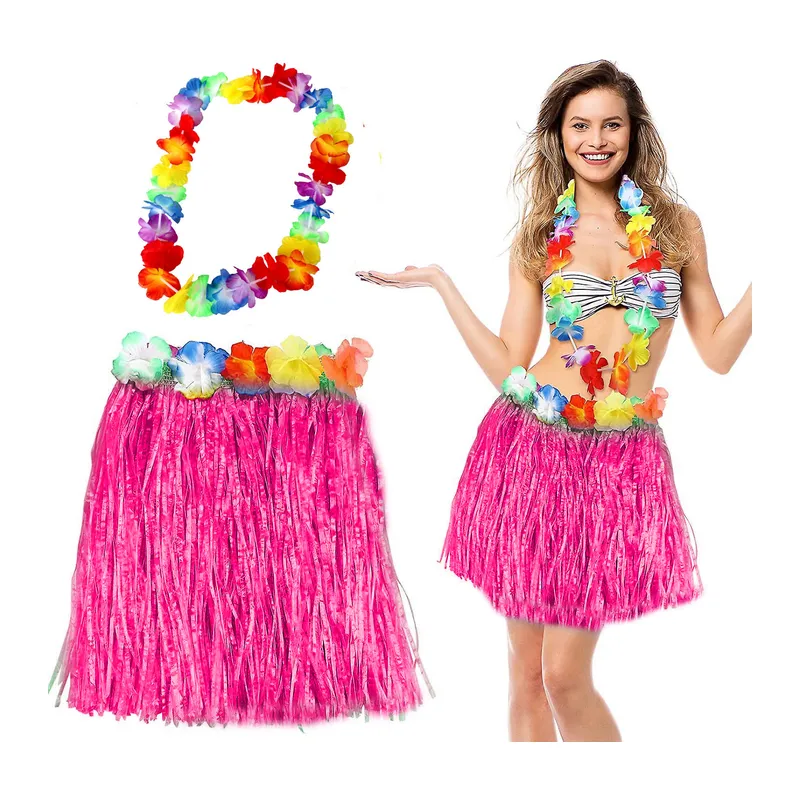 Hawaii Luau Aloha Pembe Püsküllü 40 cm Etek ve Hawaii Kolye Seti