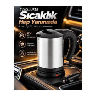 12V Araç Çakmak Girişli Paslanmaz Çelik Araç İçi Su Isıtıcı Seyahat Tipi Pratik Kettle