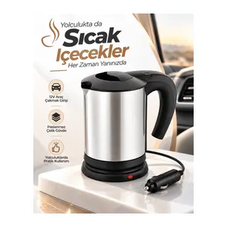 Yolculuk ve Seyahat İçin 12V Araç Uyumlu Paslanmaz Çelik Elektrikli Su Isıtıcı Kettle