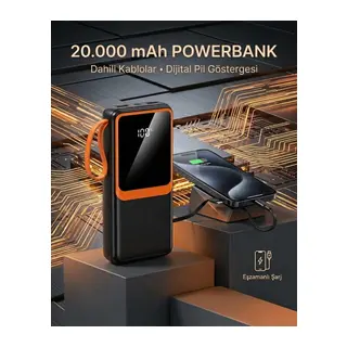 20000 mAh Yüksek Kapasiteli Powerbank Dahili Kablolu Dijital Göstergeli Taşınabilir Şarj Cihazı