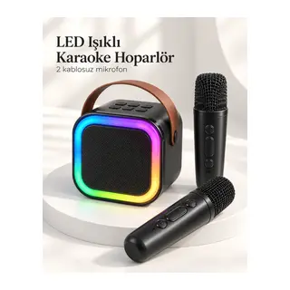 Bluetooth Bağlantılı LED Işıklı Karaoke Ses Sistemi ve İki Kablosuz Mikrofon