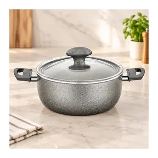Granit Derin Tencere 24 cm Cam Kapak Gri Kırçıllı