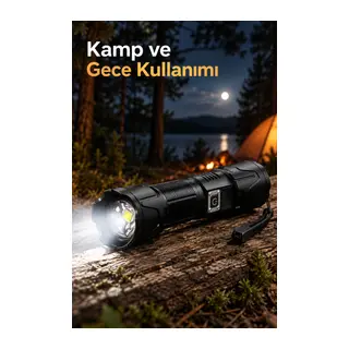 Type C Şarjlı Kamp Feneri Zoomlu Lens ve Batarya Seviye Göstergesi
