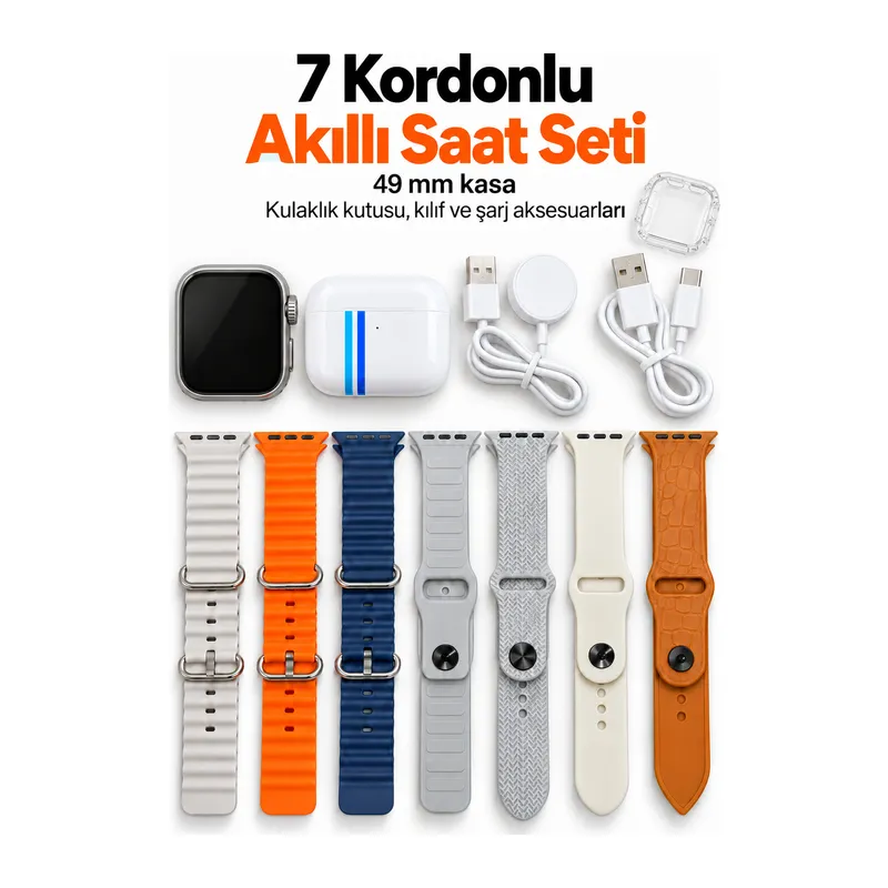 Akıllı Saat Bluetooth Aramalı ve 7 Kordonlu Set