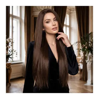 Dip Uç Dolu Koyu Kestane Kahve Tül Peruk Front Lace Düz %100 Gerçek Saç - 70-75cm