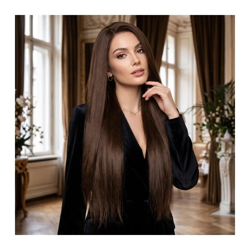 Dip Uç Dolu Koyu Kestane Kahve Tül Peruk Front Lace Düz %100 Gerçek Saç - 70-75cm