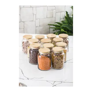 12 Lü Set Bambu Kapaklı Cam Kavanoz & Erzak Saklama Kabı 800 ml Orta Boy (Vakum Kapak)