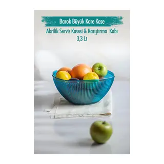Akrilik Barok Aquamarin Büyük Kare Meyve & Salata Kasesi & Karıştırma Kabı / 3,3 Lt (CAM DEĞİLDİR)