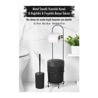 Metal Standlı Yuvarlak Kovalı & Kağıtlıklı & Fırçalıklı Siyah Banyo Takımı