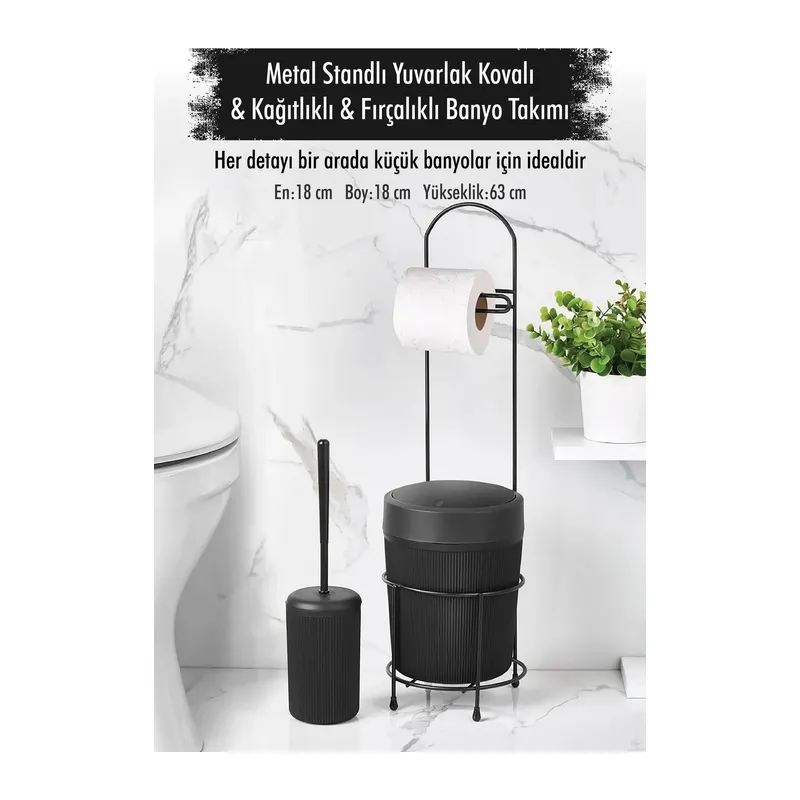 Metal Standlı Yuvarlak Kovalı & Kağıtlıklı & Fırçalıklı Siyah Banyo Takımı
