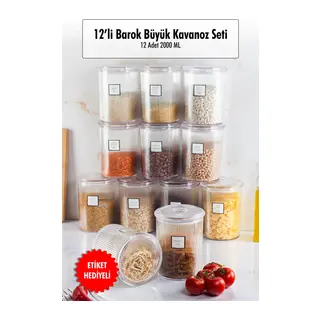 12'li Barok Yuvarlak Büyük Kavanoz Seti & Saklama Kabı & Erzak Kabı (12*2000 ML)