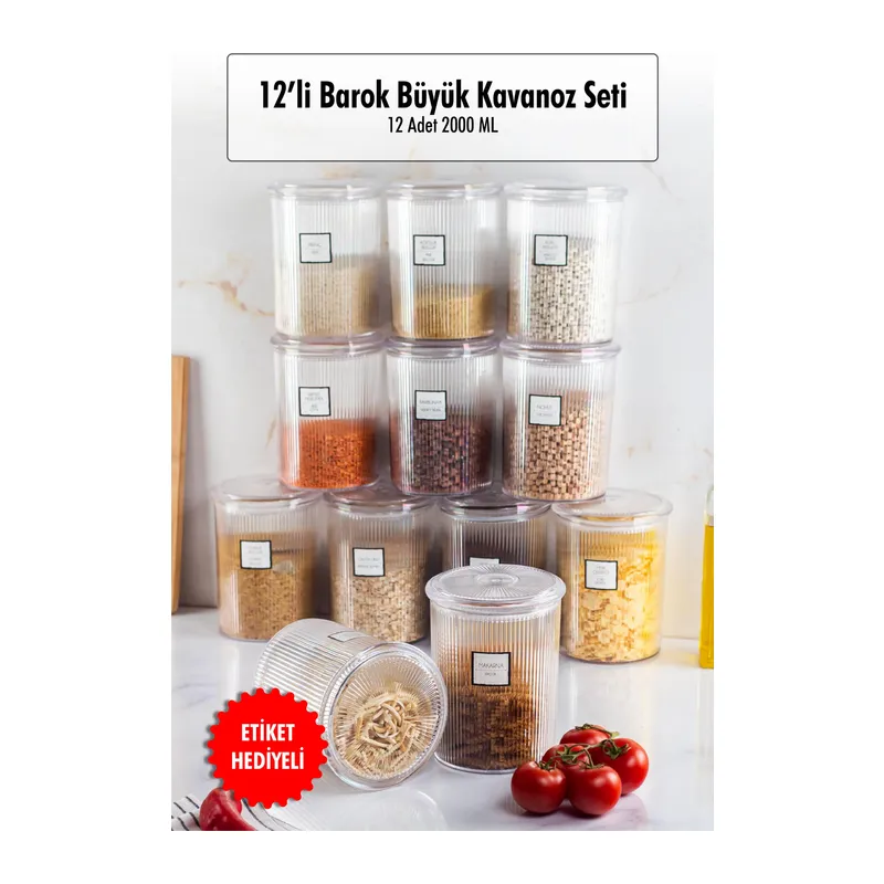 12'li Barok Yuvarlak Büyük Kavanoz Seti & Saklama Kabı & Erzak Kabı (12*2000 ML)
