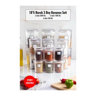 18'li Barok Yuvarlak 3 Boy Kavanoz Seti & Saklama Kabı & Erzak Kabı (6*2000 ML, 6*1000 ML,6*500 ML)