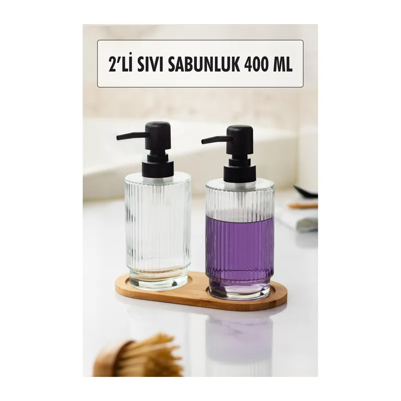 2 Li Bambu Altlıklı Sıvı Sabunluk Seti